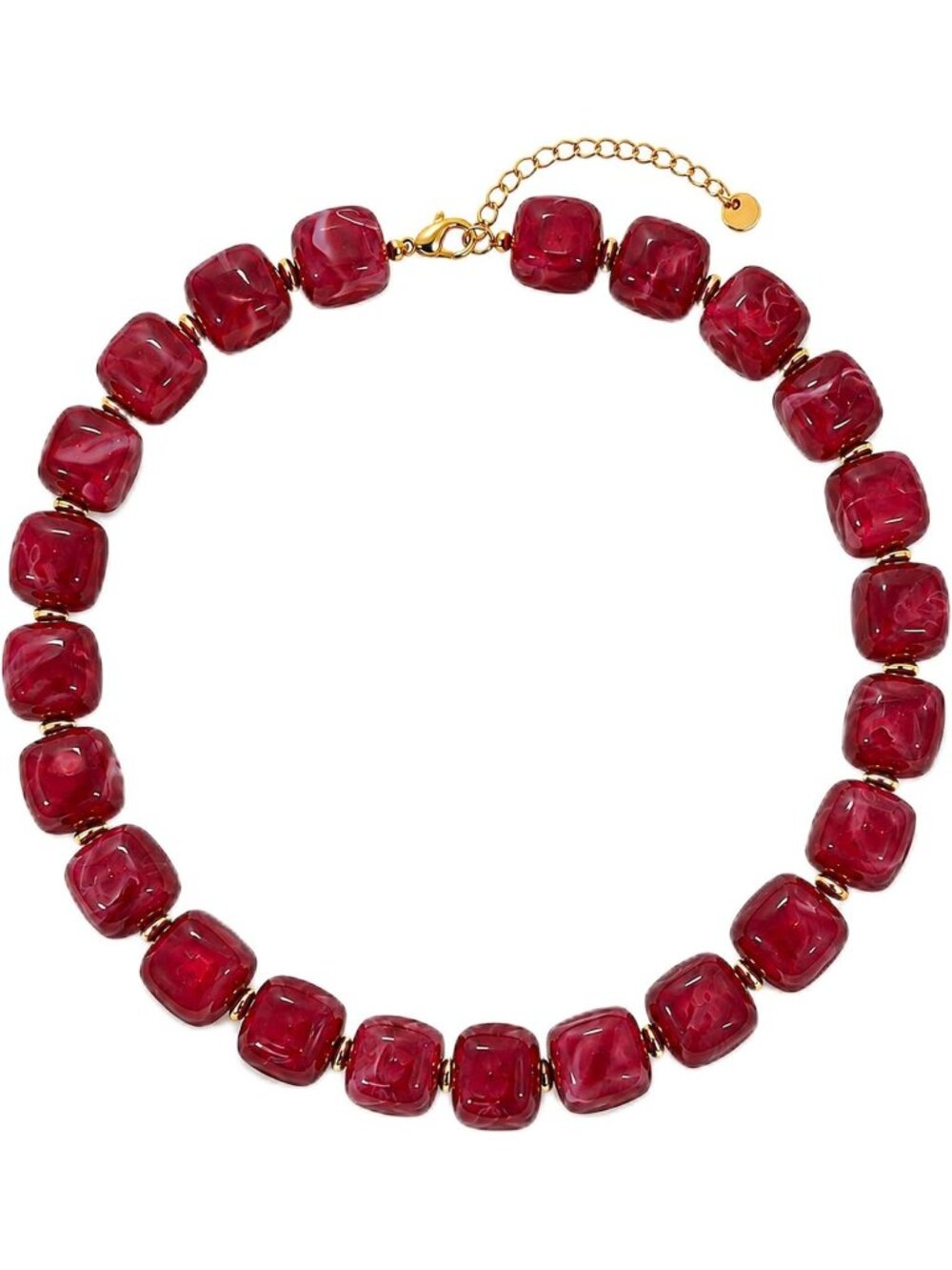 Women's Red Chunky Beaded Necklace Gold Plated Marbled Resin Choker Jewelry